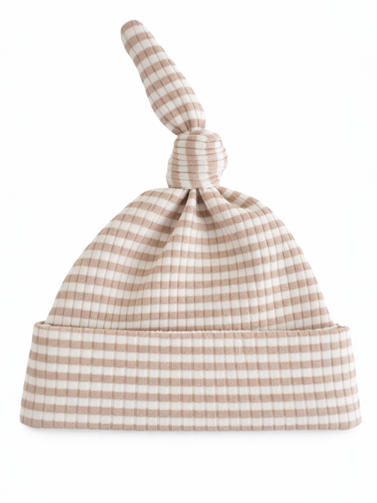 Tan and white checkered baby beanie with a knotted top and soft fabric, ideal for newborns.