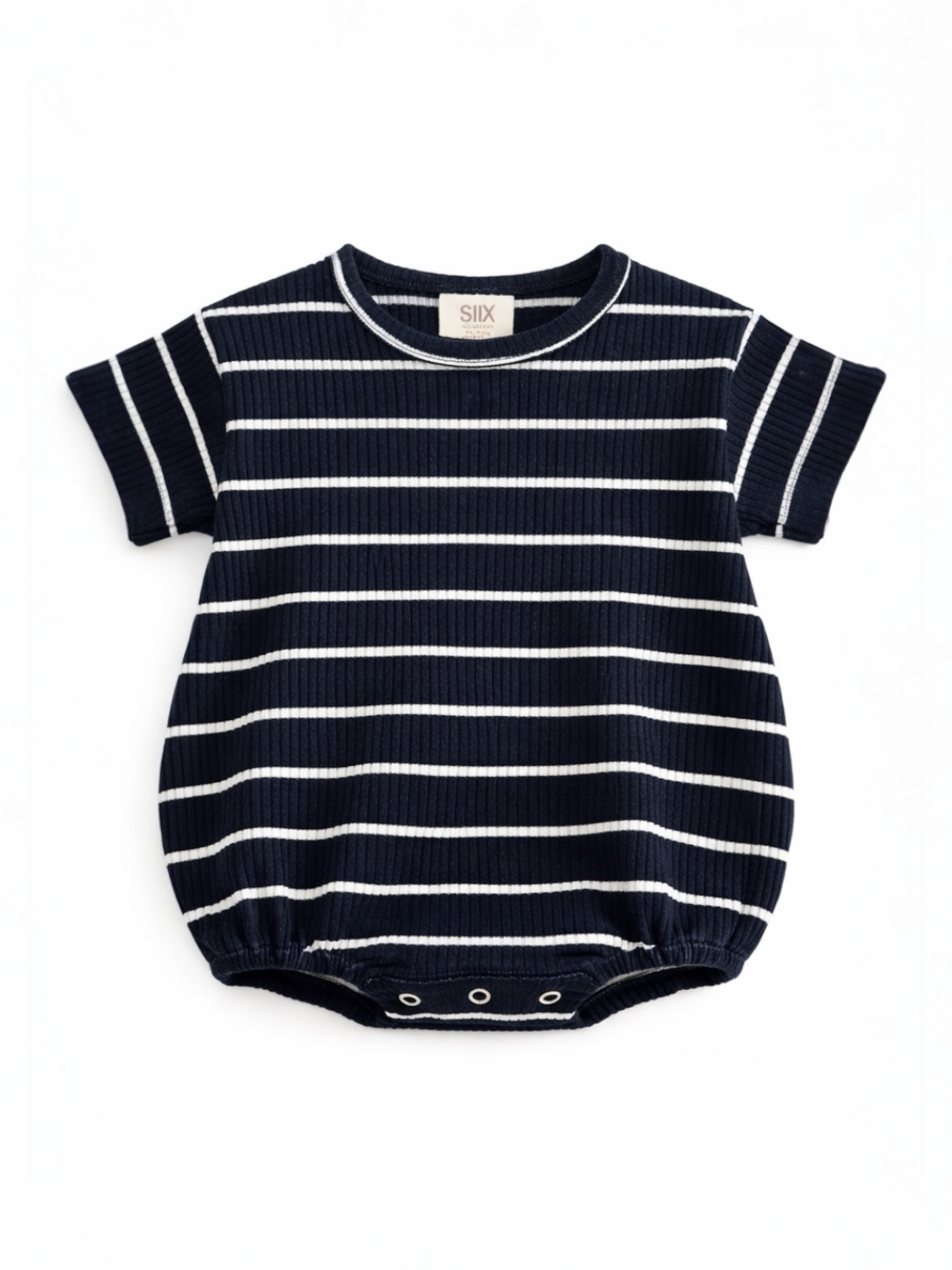 Navy blue short-sleeve onesie with white horizontal stripes and snap closure at the bottom.
