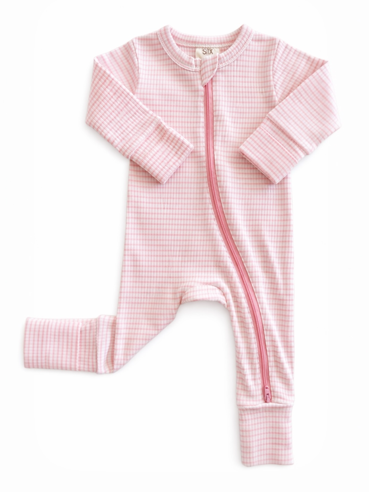 Pink checkered infant onesie with long sleeves and a front zipper. Ideal for comfort and style.