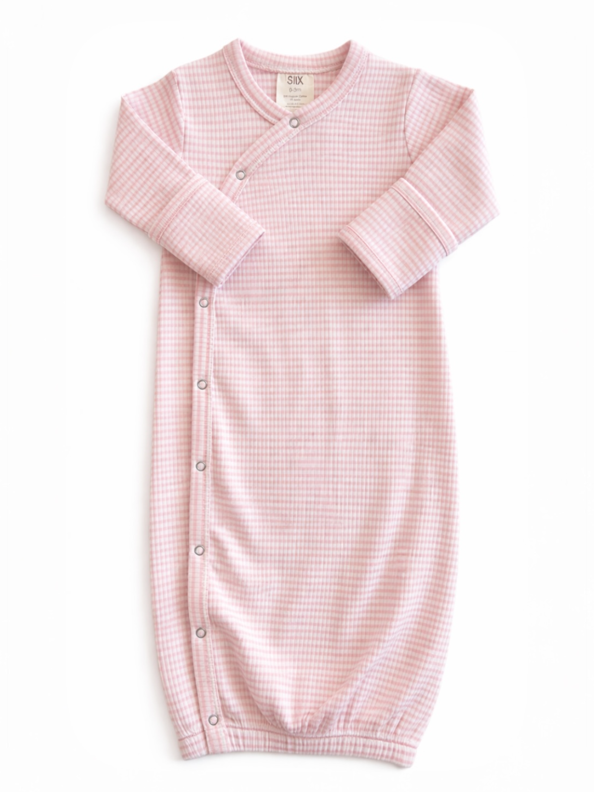 Pink gingham newborn sleep sack with long sleeves and snaps down the side for easy dressing.