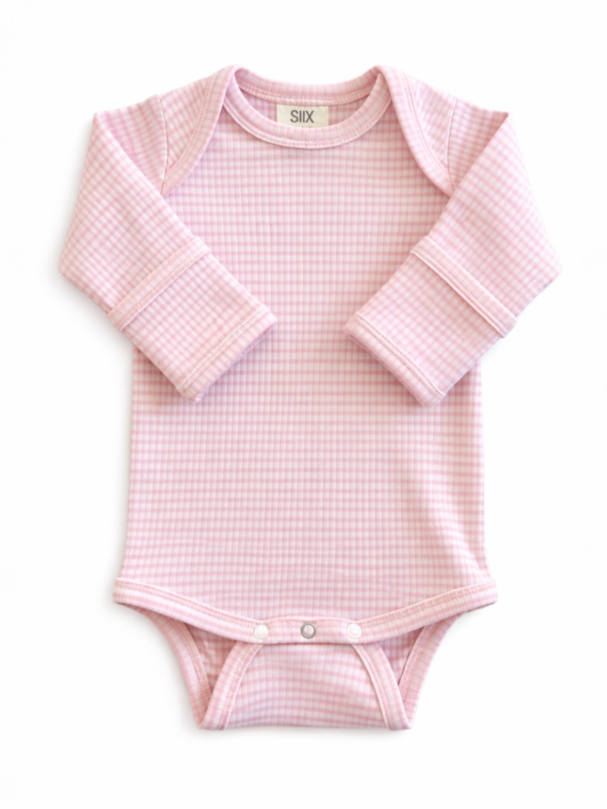 Pink checkered long-sleeve baby bodysuit with snap buttons at the bottom, displayed on a white background.