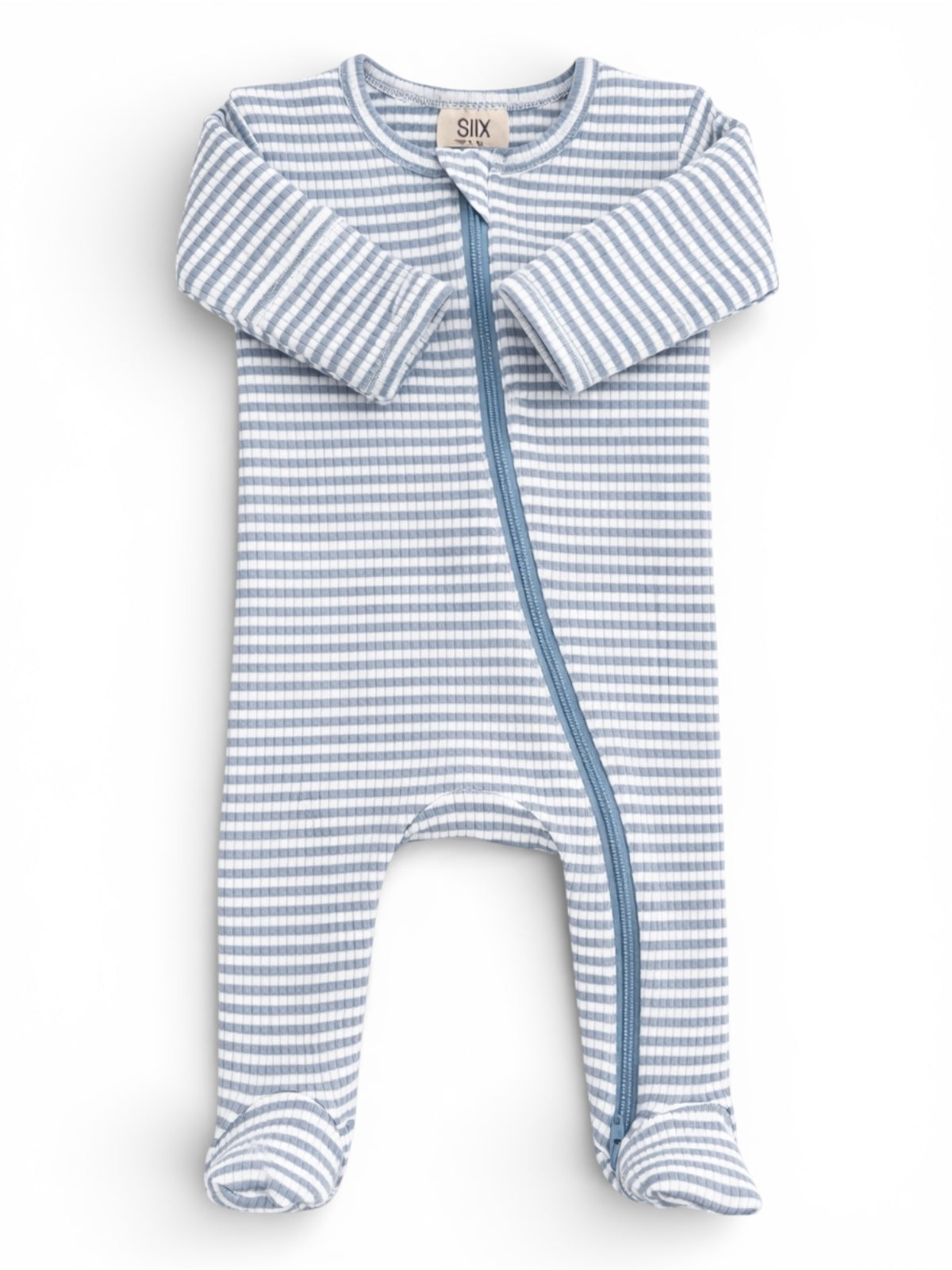 Blue and white striped baby onesie with long sleeves and a front zipper, used for comfortable sleepwear.