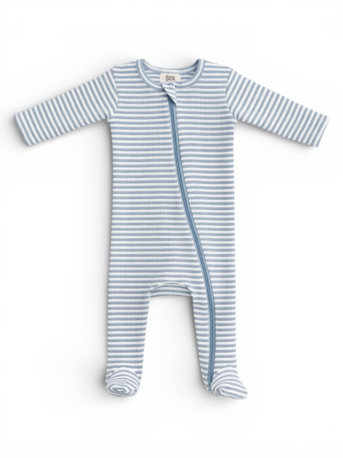 Blue and white striped baby onesie with long sleeves and a front zipper.