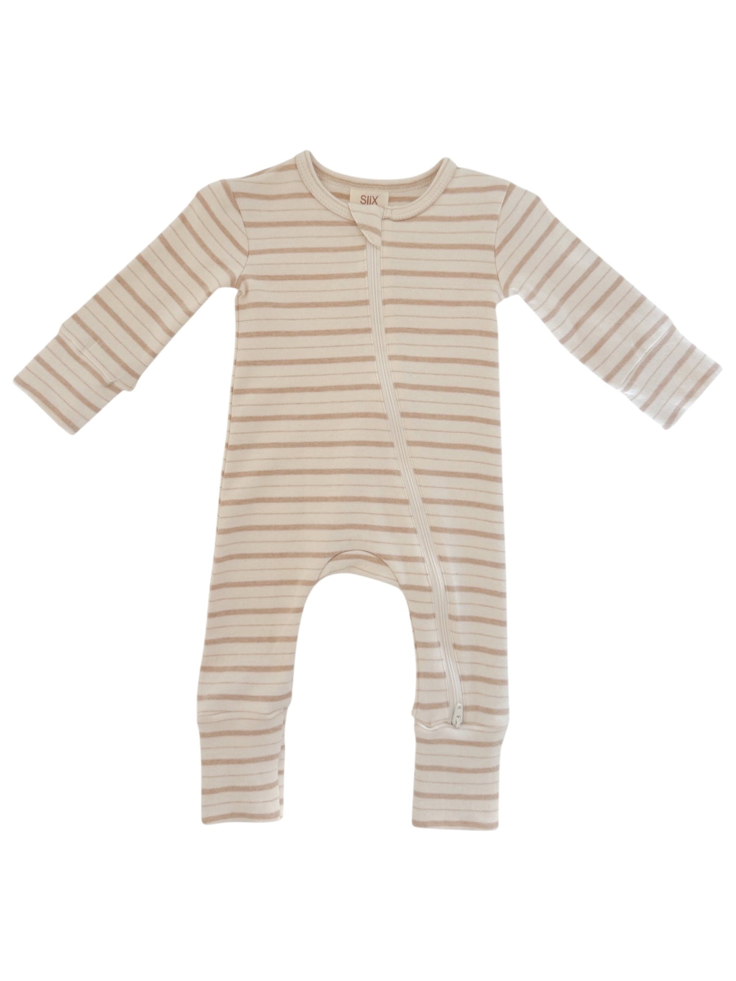 Cream striped baby onesie featuring a front zipper and long sleeves. Perfect for comfy and stylish infant wear.