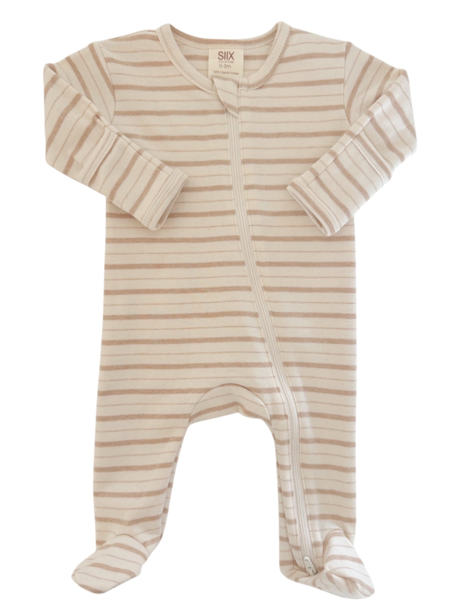 Beige and cream striped baby onesie with long sleeves and a front zipper. Suitable for infants 0-3 months.