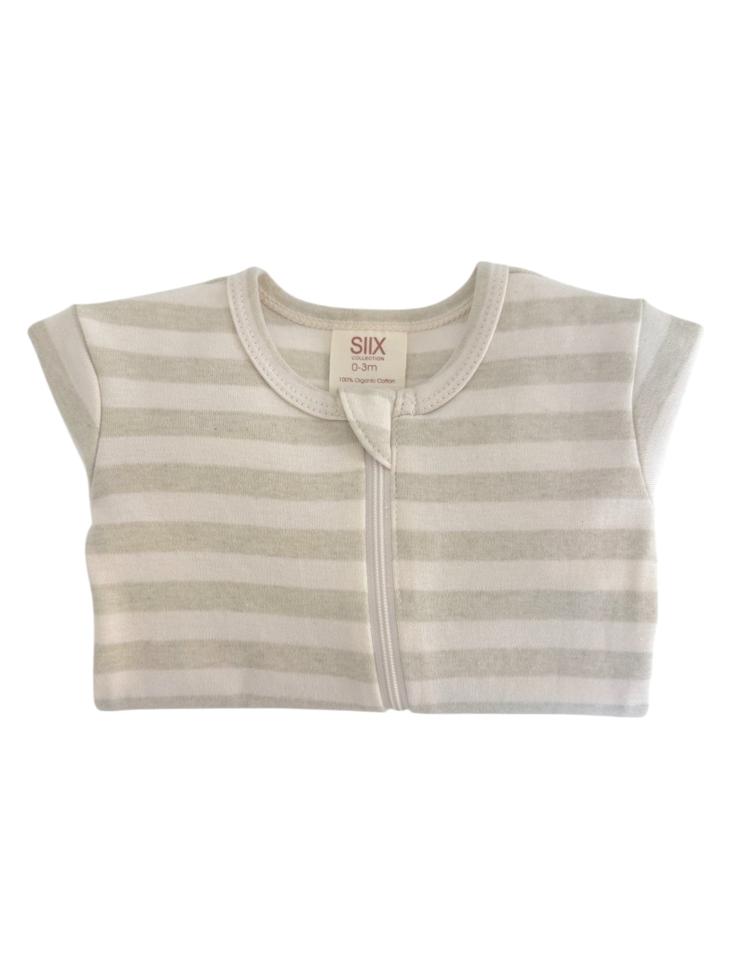 Gray and white striped baby onesie with a front zipper, made from 100% organic cotton. Sizes 0-3 months.