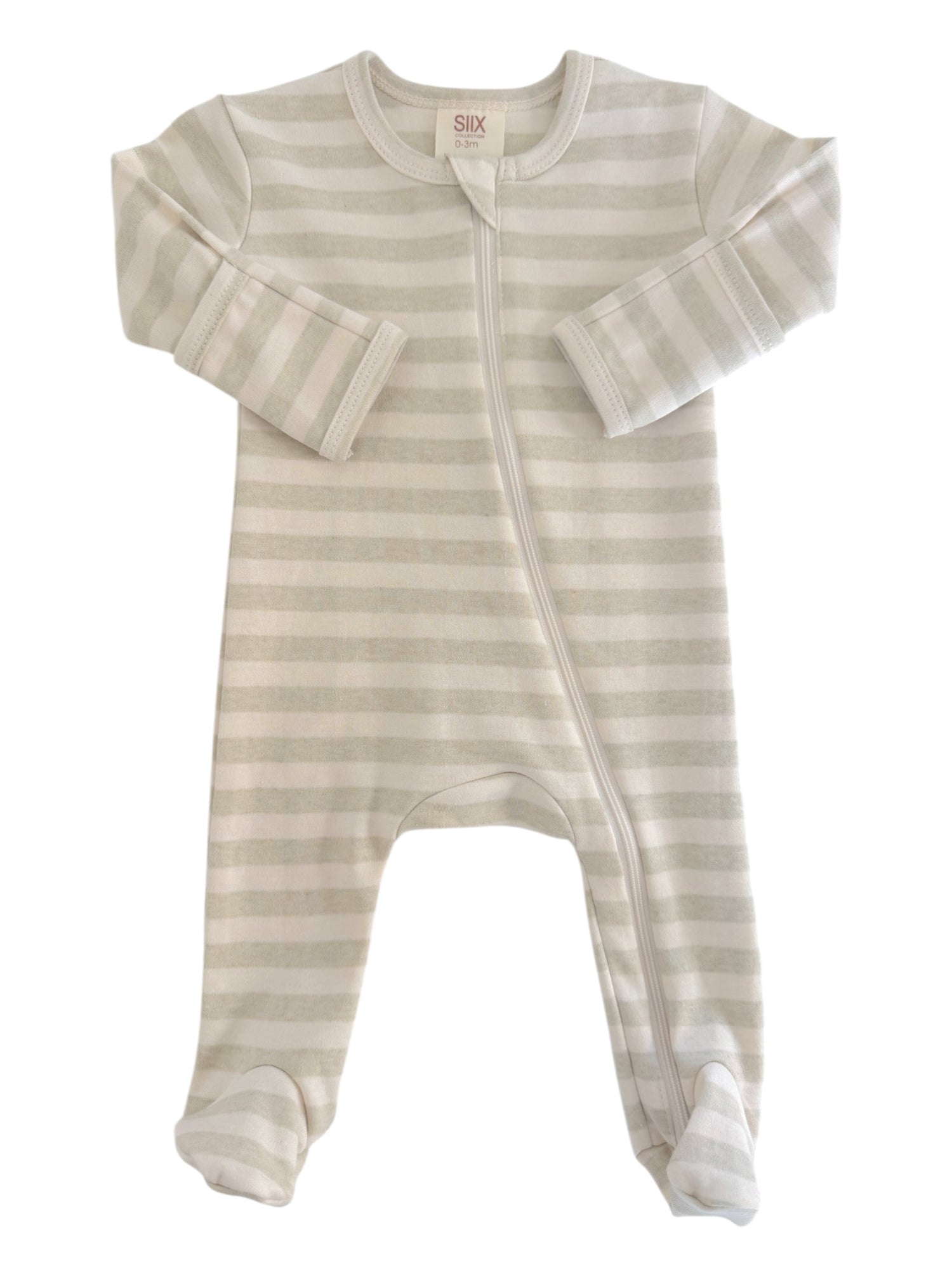 Light gray and white striped baby onesie with long sleeves and a front zipper closure.