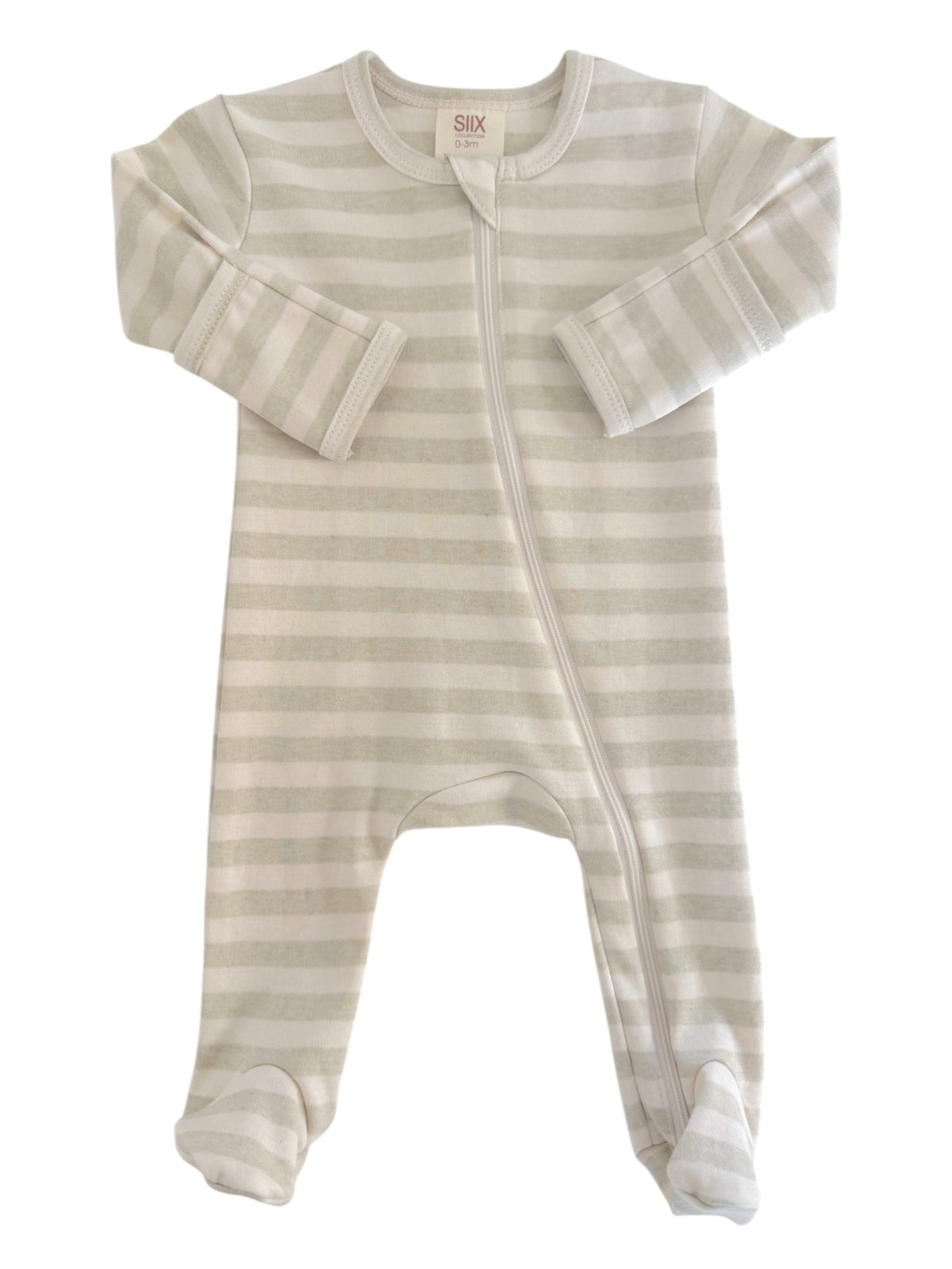 Light gray and white striped baby onesie with long sleeves and a front zipper closure.