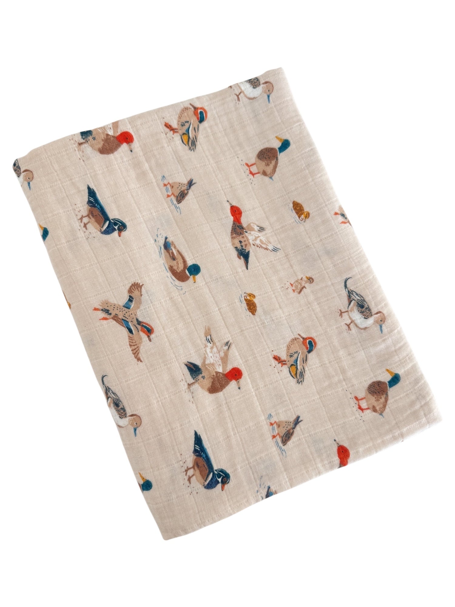 Fabric with a light beige background featuring colorful bird illustrations in various poses.