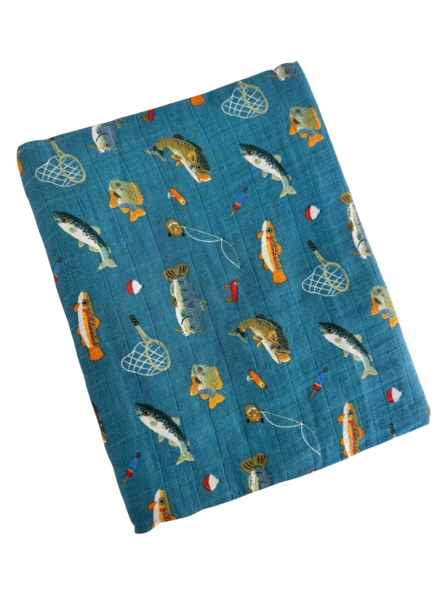 Fabric featuring colorful fish, fishing nets, and lures on a blue background, ideal for fishing enthusiasts.