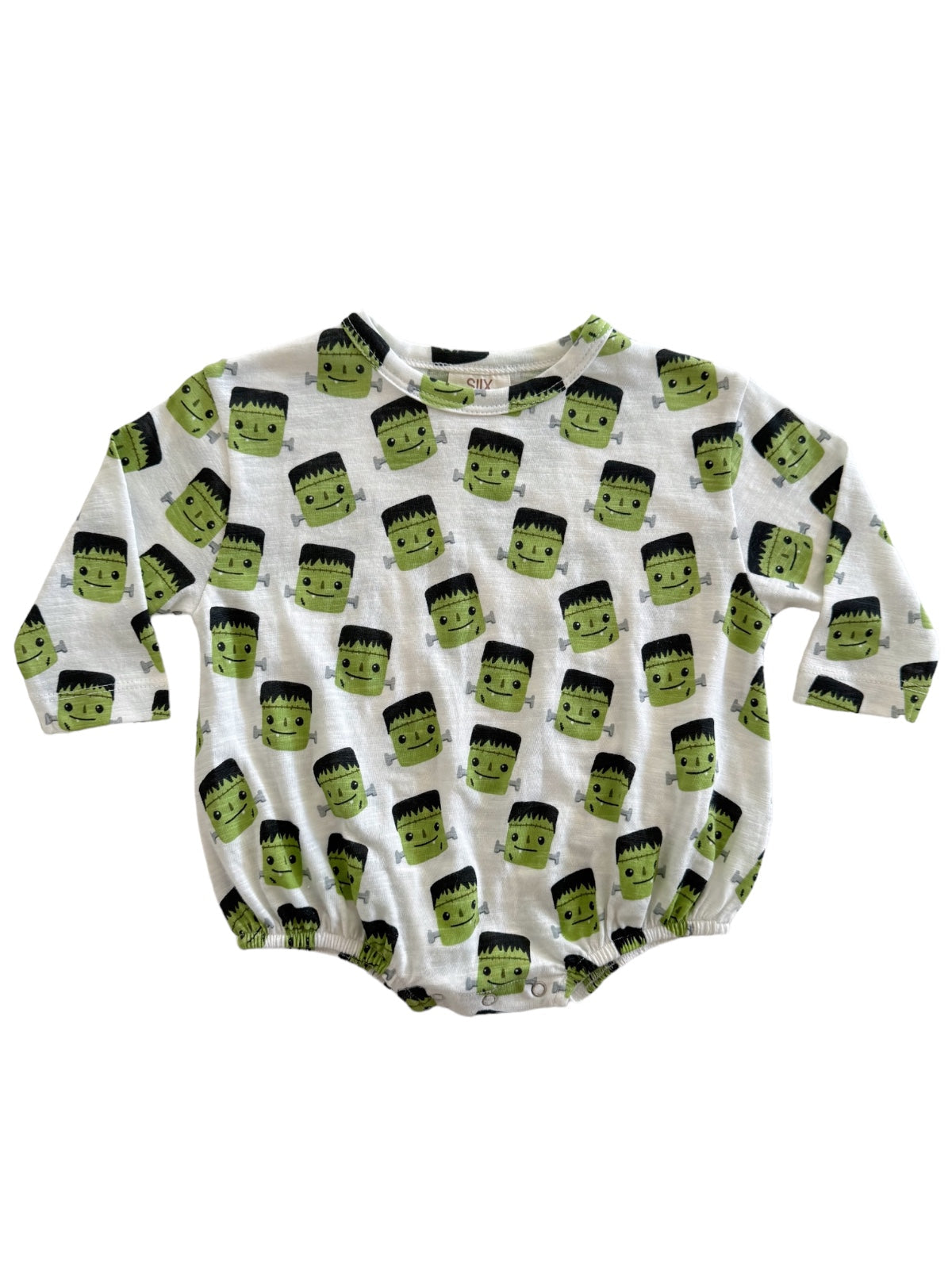 Green Frankenstein-patterned baby onesie with long sleeves and elastic gathers at the bottom.
