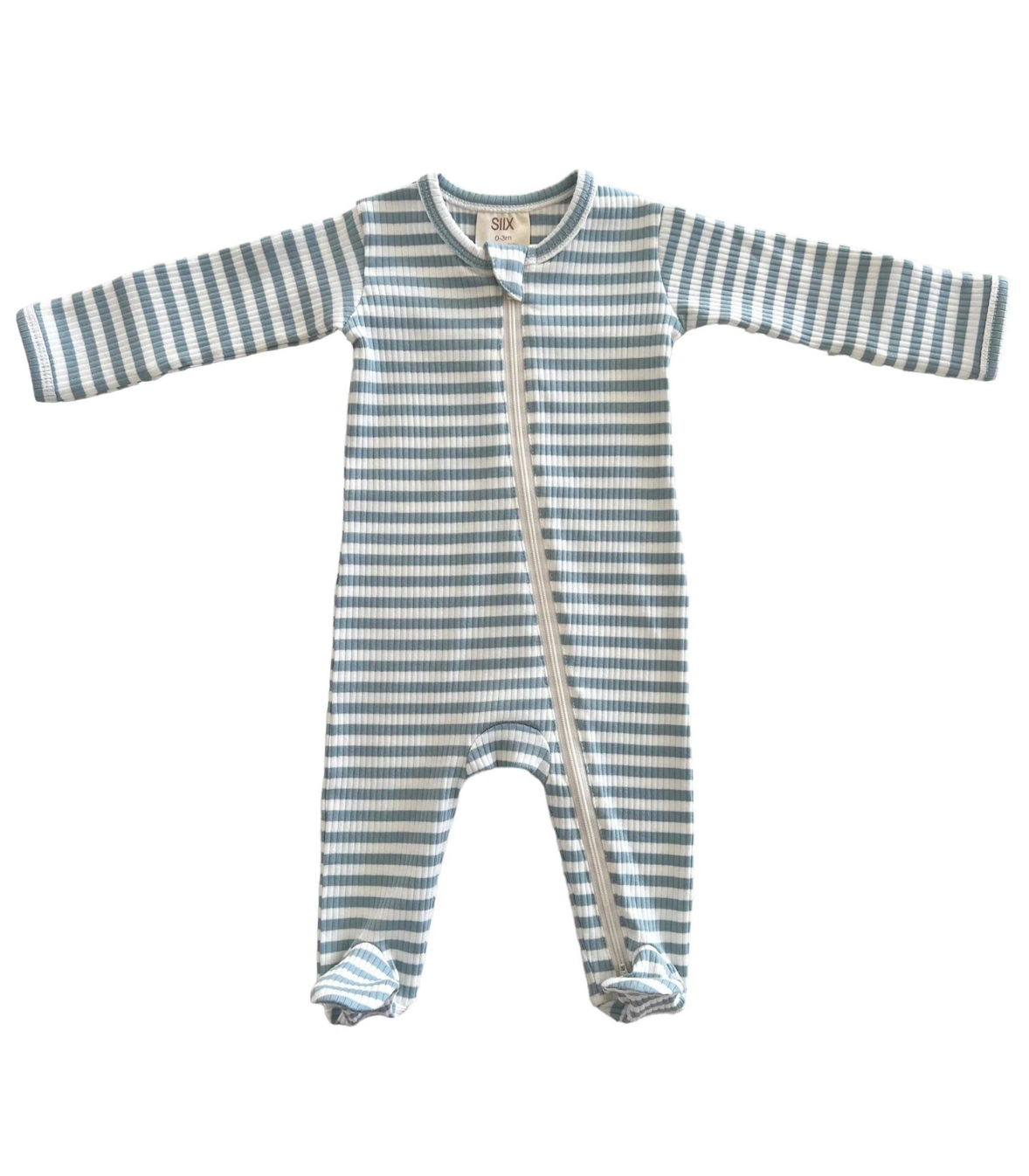 Dusty Blue Stripe / Organic Ribbed Zip Footie