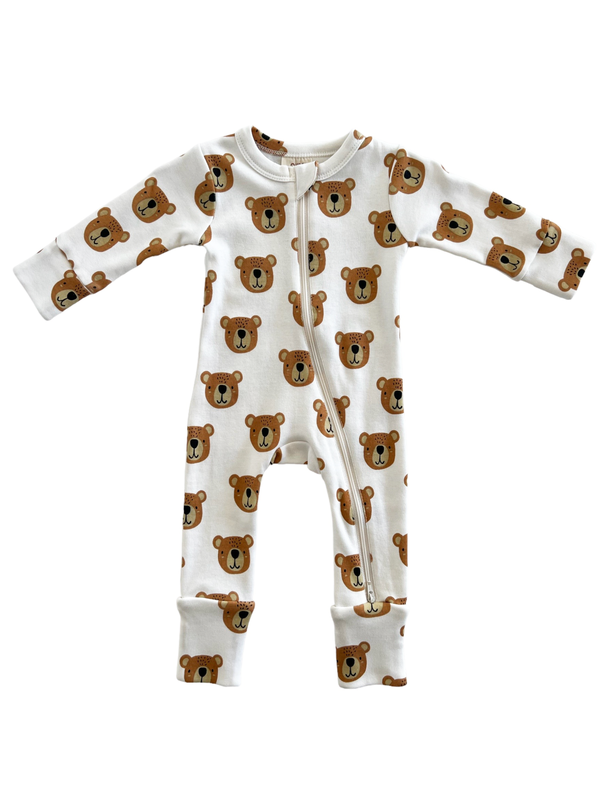 White baby onesie with a bear print pattern and a front zipper.