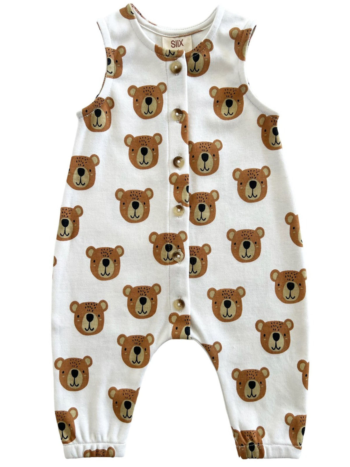 Children's romper featuring a cute bear print with buttons down the front and elasticized cuffs.