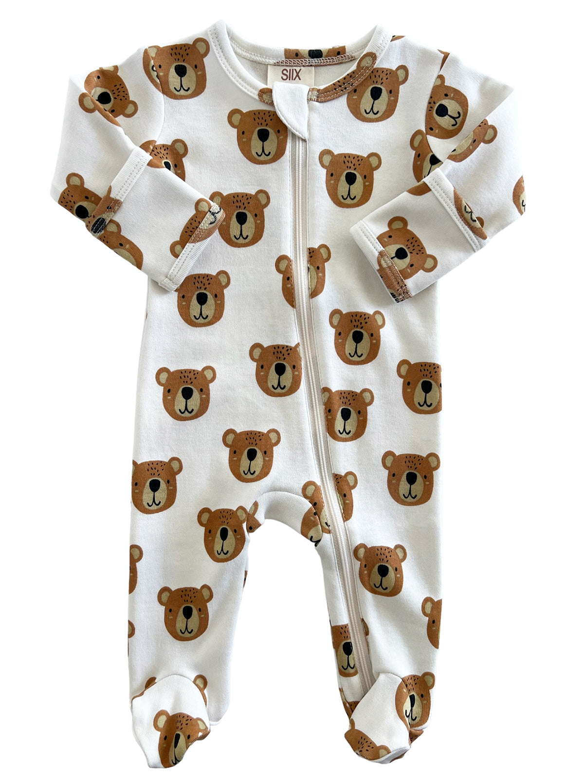 Baby romper featuring a cute bear print on a white background, with a front zipper and long sleeves.