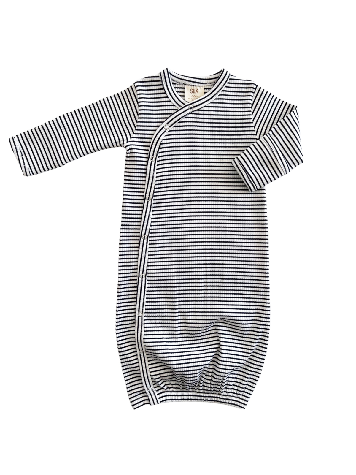 Striped baby gown with long sleeves and snap closure, designed for comfort and easy dressing.