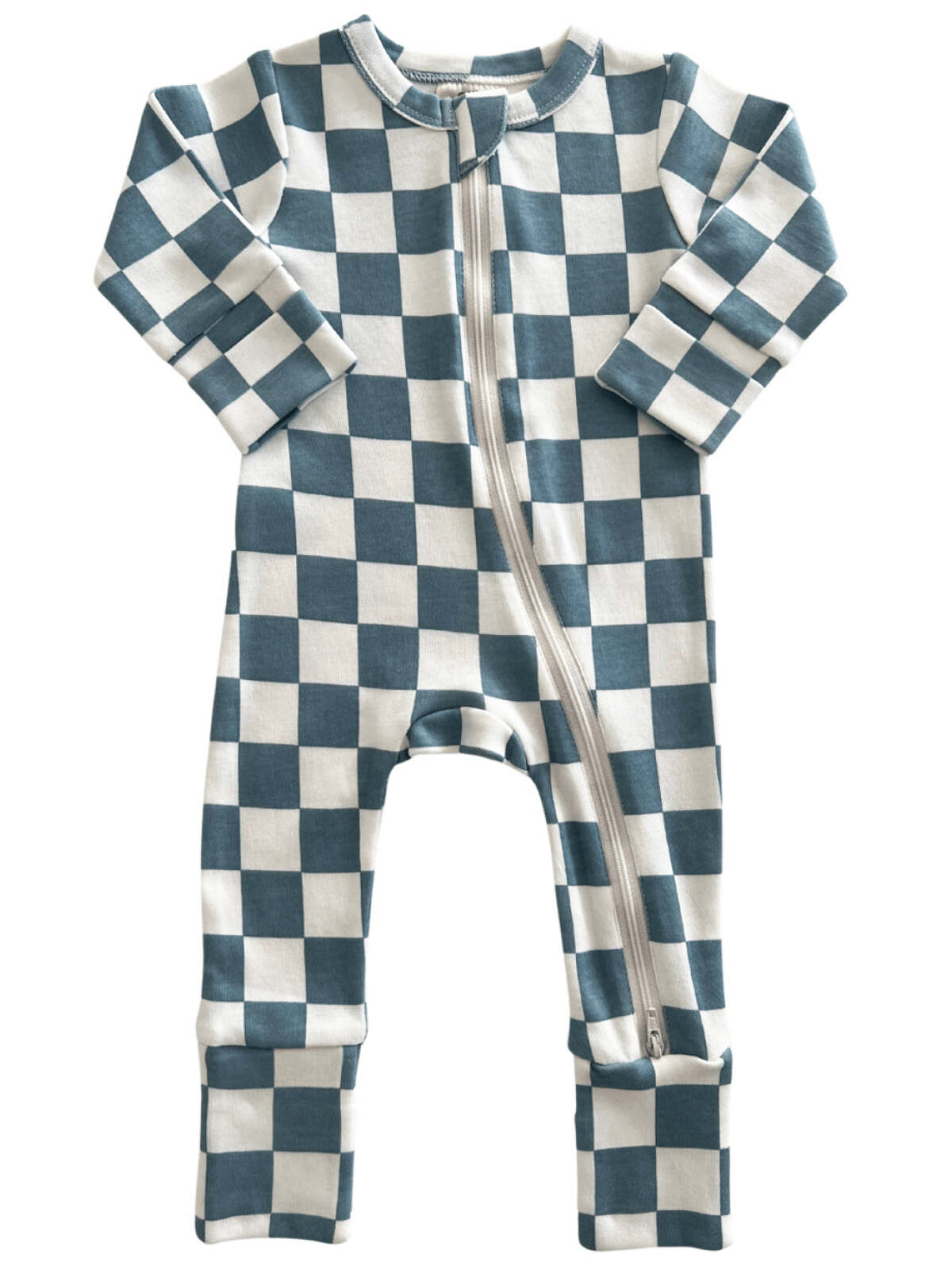 Blue and white checkered baby onesie with a front zipper and long sleeves.