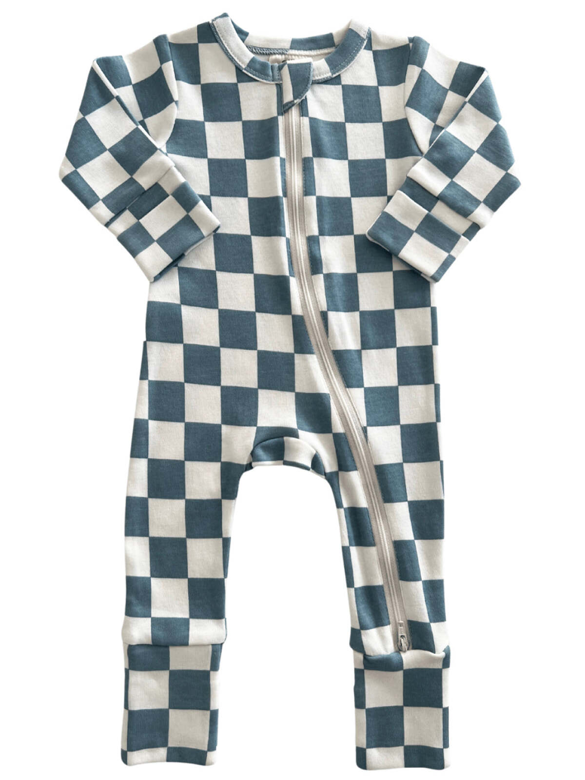Blue and white checked infant onesie with a front zipper, suitable for babies.