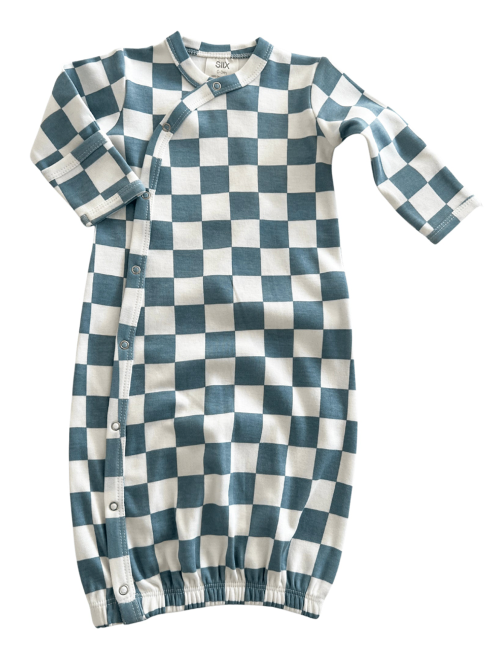 Blue and white checkered baby gown with long sleeves and snaps for easy dressing.
