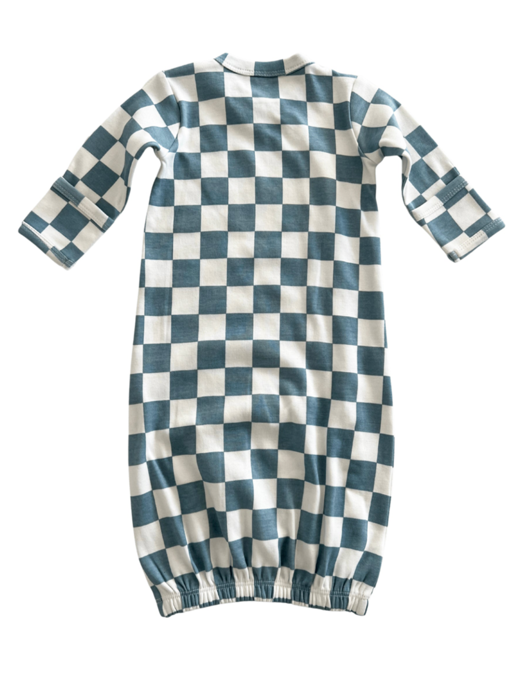 Blue and white checkered long-sleeve nightgown with a gathered hem, viewed from the back.