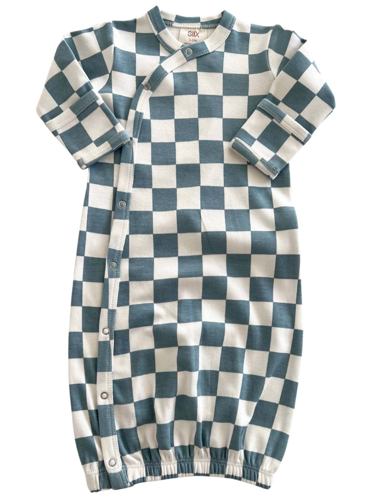 Checkered baby gown in blue and white, featuring snap buttons and long sleeves for easy dressing.