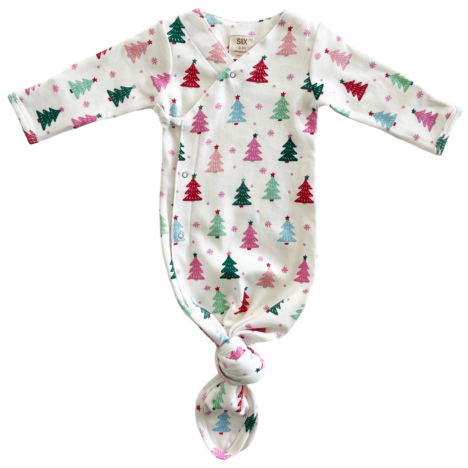 Infant knotted gown with colorful Christmas tree pattern on a white background. Ideal for festive occasions.