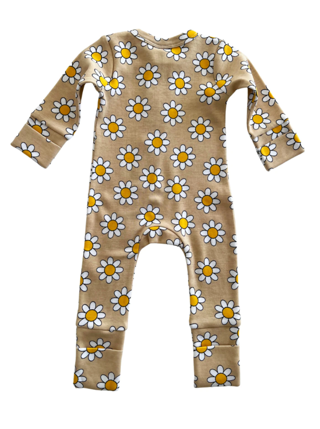 Cream-colored baby romper with yellow and white daisy print, featuring long sleeves and footed design.