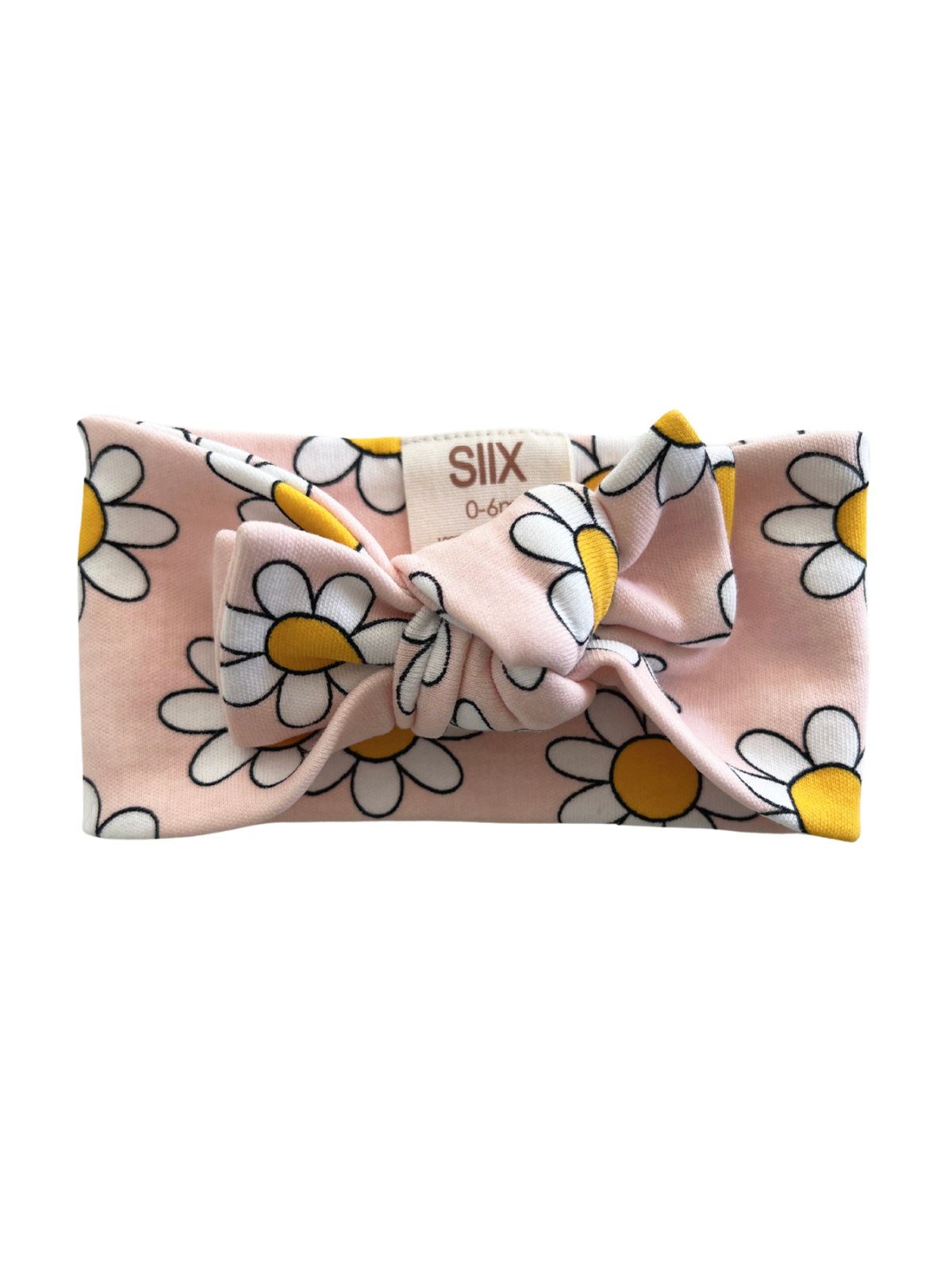 Pink flower headband with white daisies and yellow centers, featuring a front bow design. Ideal for infants 0-6 months.