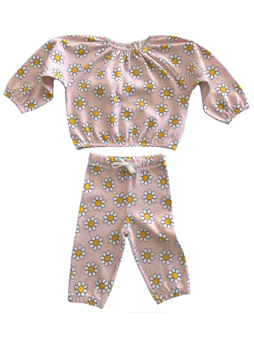 Pink floral baby outfit featuring a long-sleeve top and matching pants with daisy print.