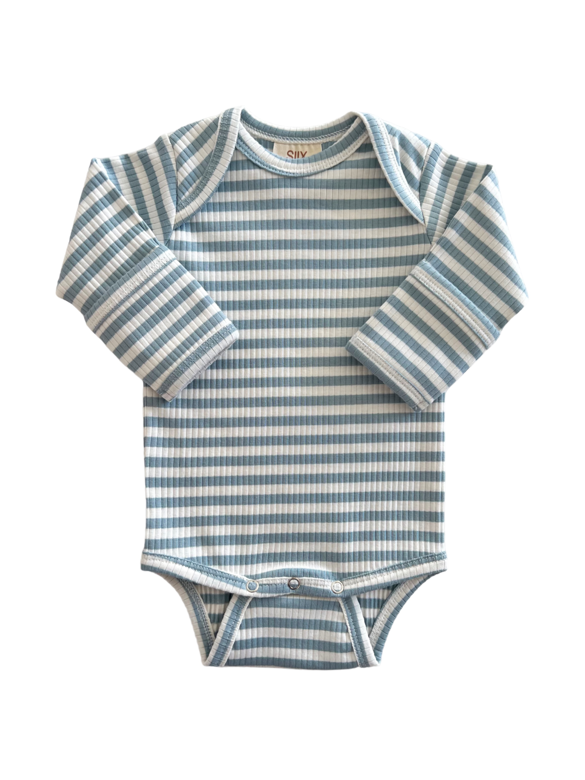 Blue and white striped long-sleeve baby onesie on a white background. Safe and comfy for infants.