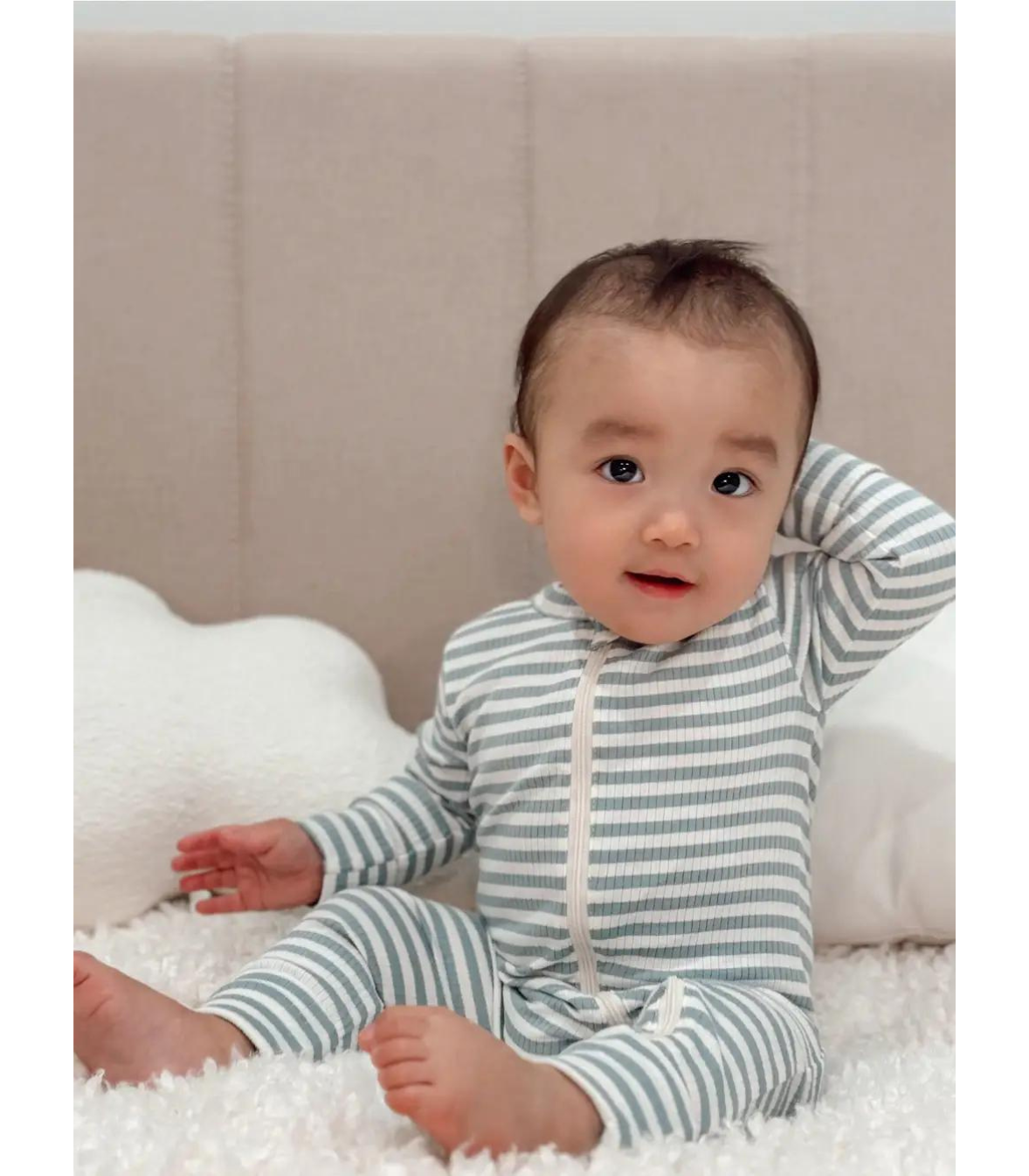 Dusty Blue Stripe / Organic Ribbed 2-Way Zip Romper