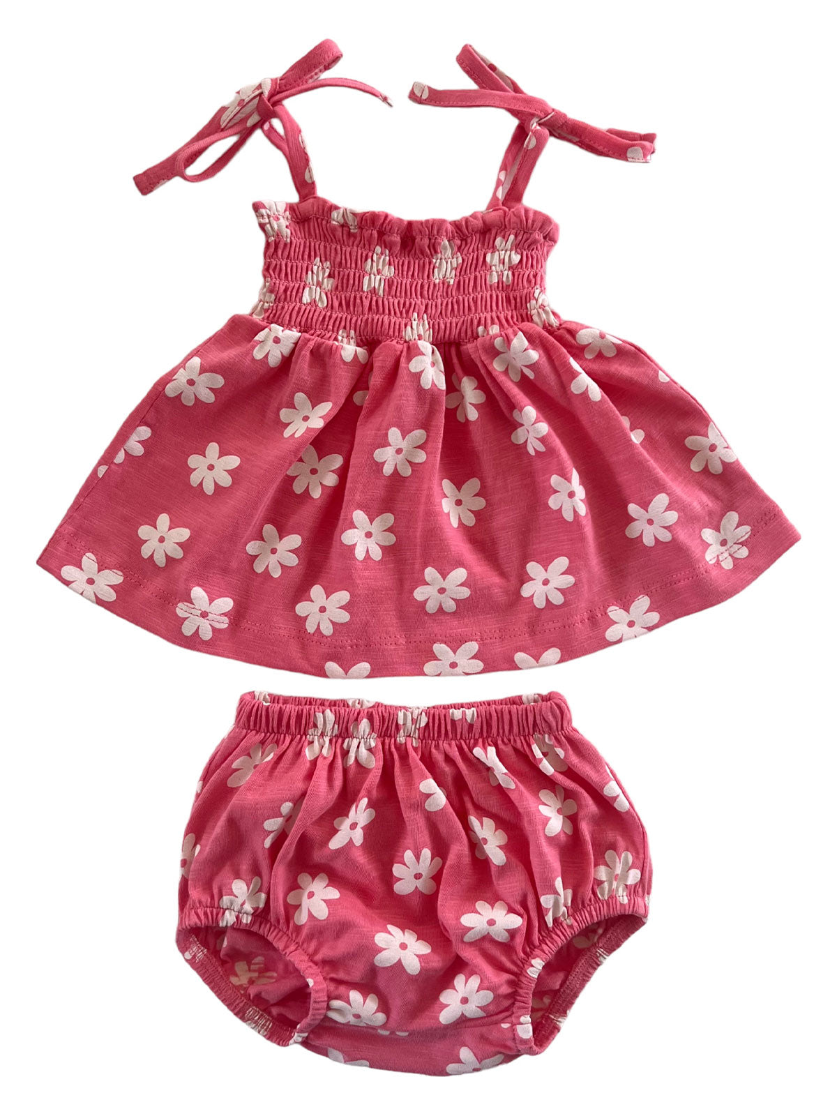 Pink floral dress set with adjustable straps and matching bloomers, suitable for toddlers.
