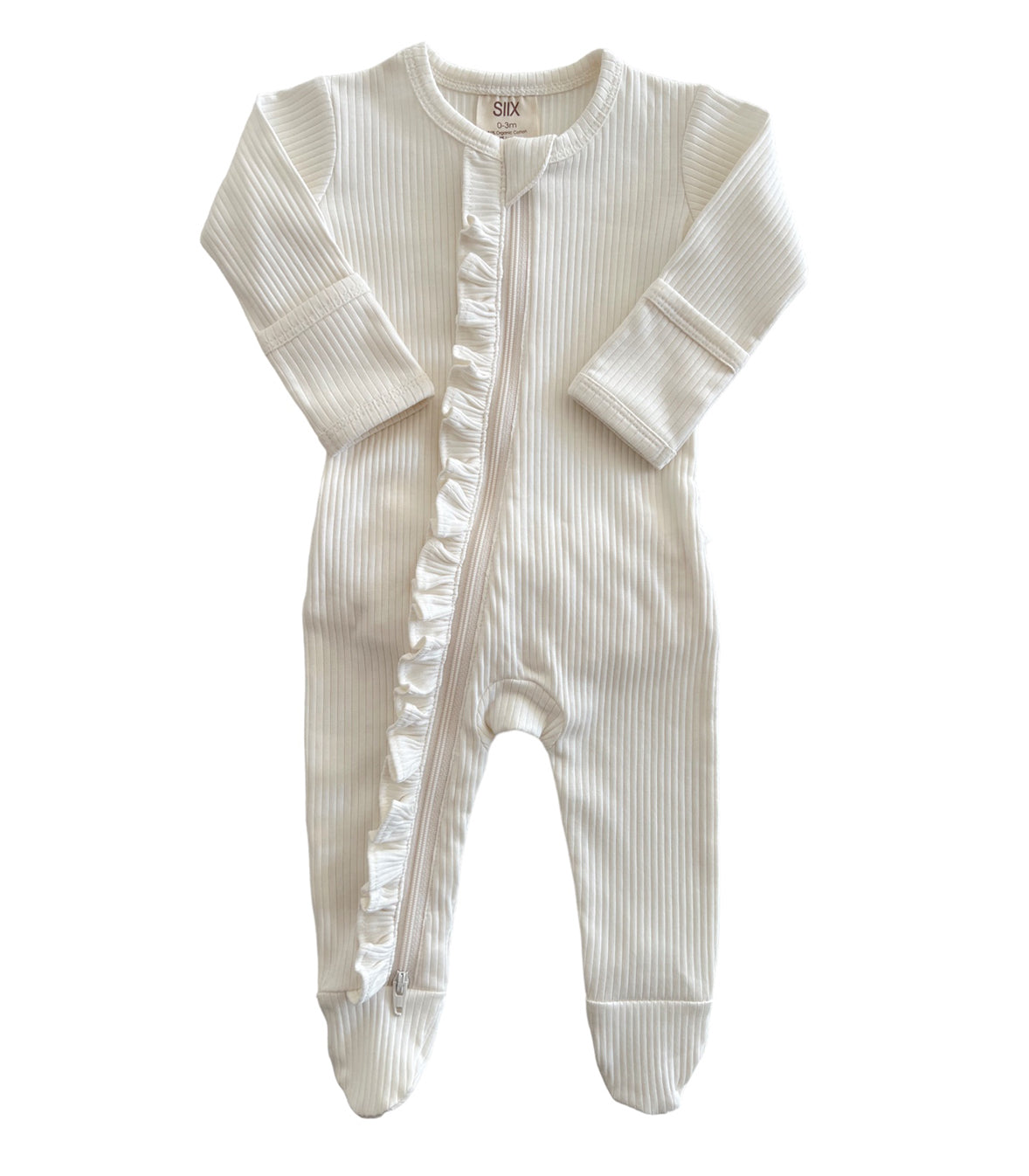 Ivory / Organic Ribbed Frill Zip Footie