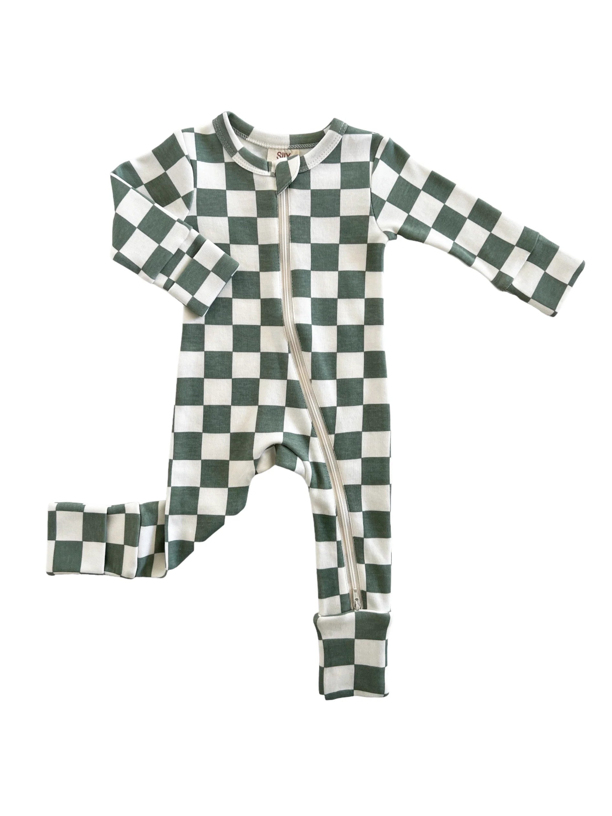 Green and white checkered baby onesie with a front zipper and long sleeves.