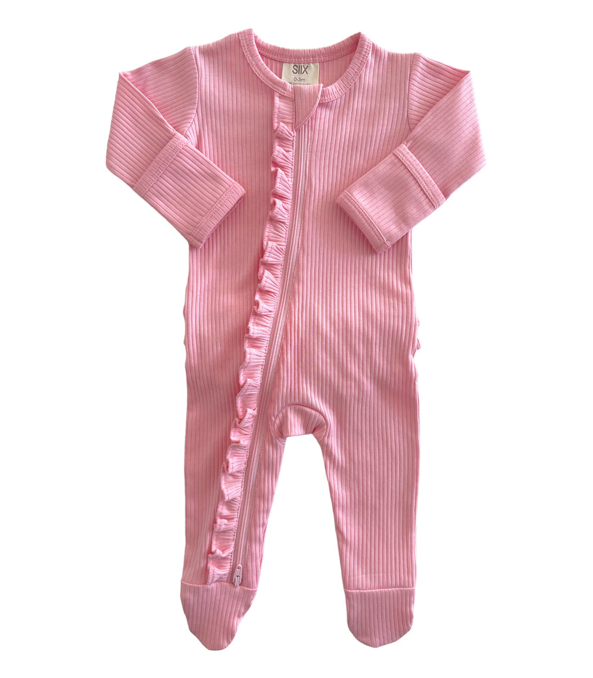Pink / Organic Ribbed Frill Zip Footie