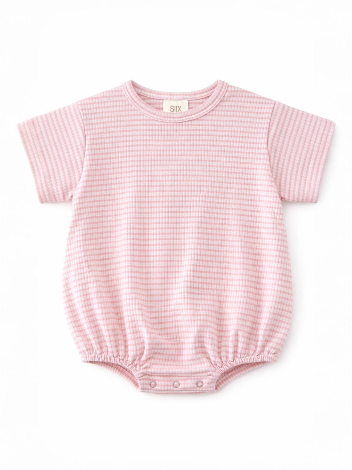 Light pink short-sleeve baby romper with a textured pattern and snap closures at the bottom.