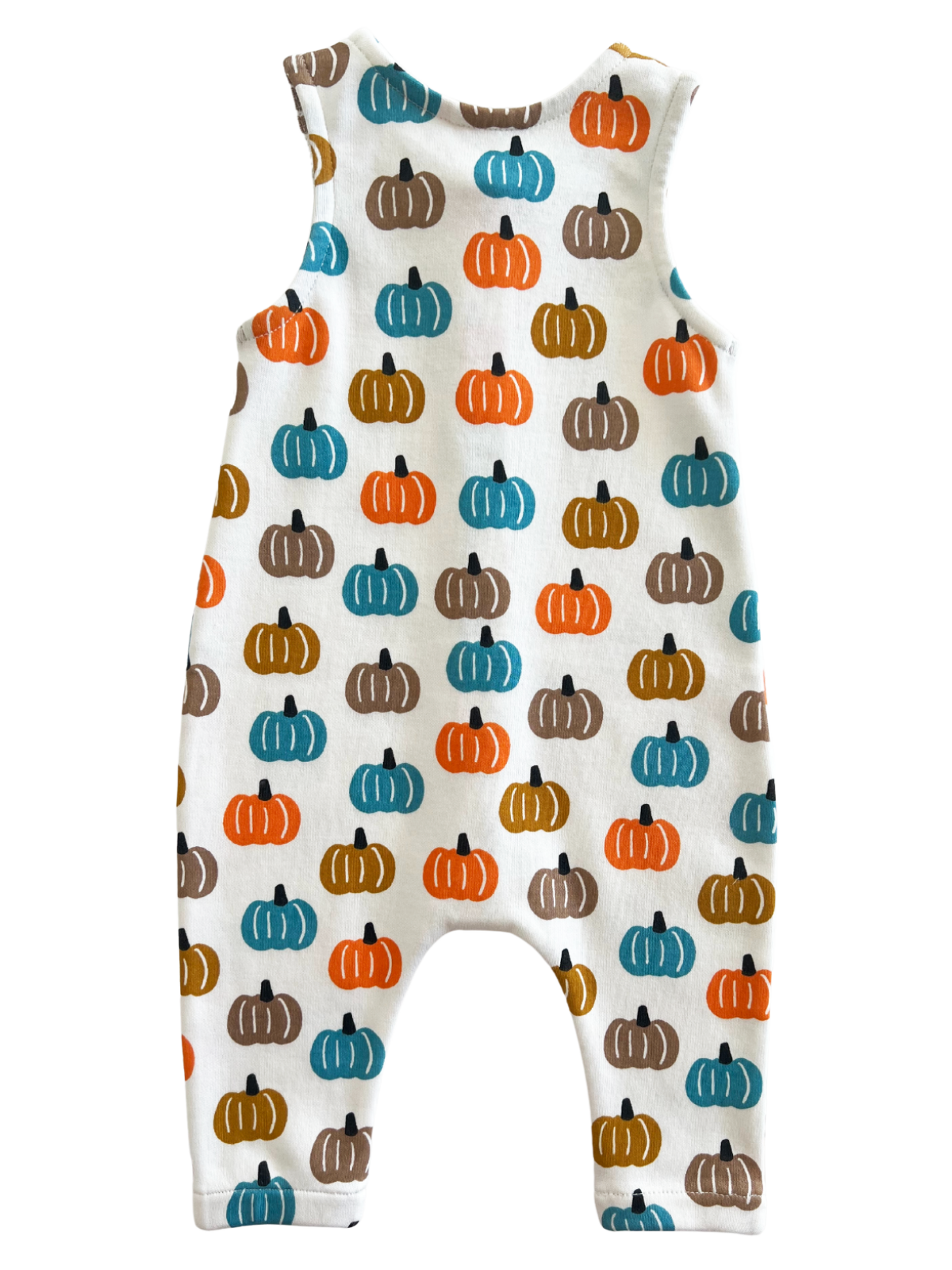 Toddler romper featuring a colorful pumpkin pattern on a white background.
