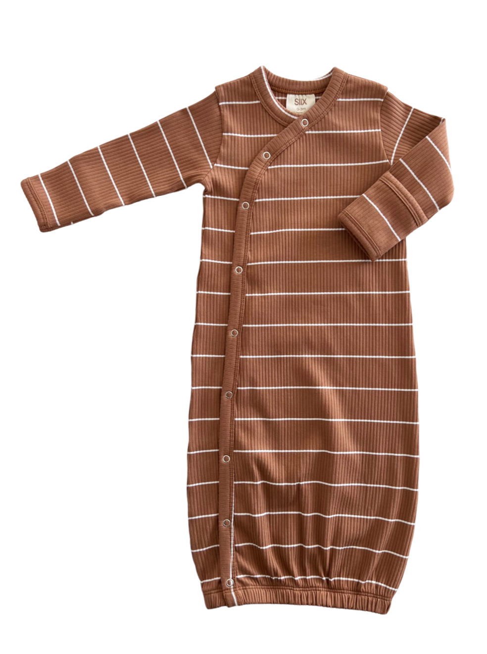 Brown striped baby sleepsuit with long sleeves and button closure. Soft ribbed fabric for comfort.