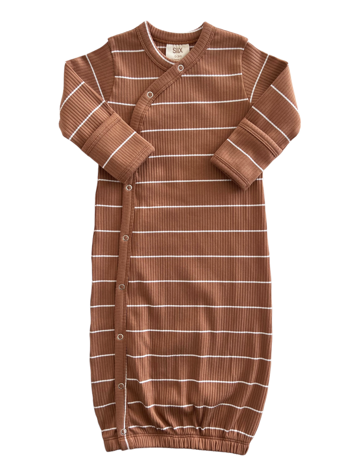 Brown striped infant sleep sack with snap buttons down the side and elastic bottom, ideal for cozy sleep.