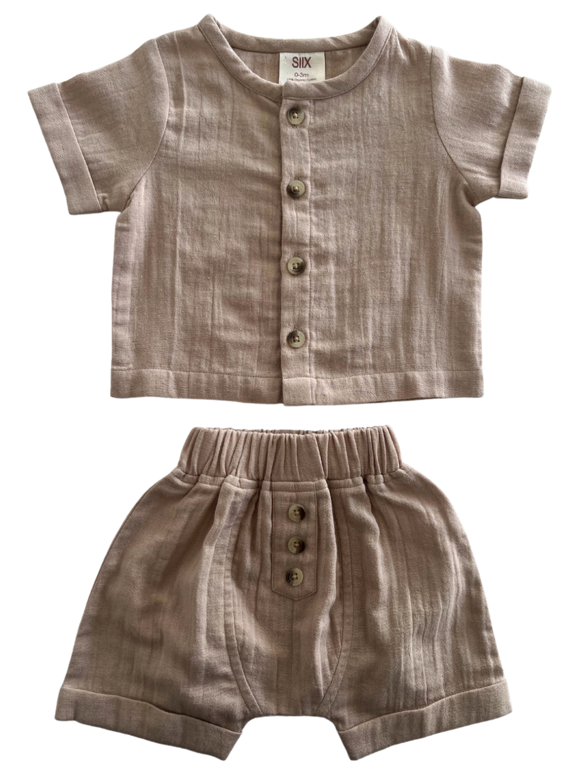 Beige infant two-piece outfit featuring a button-up shirt and shorts. Ideal for ages 0-3 months.