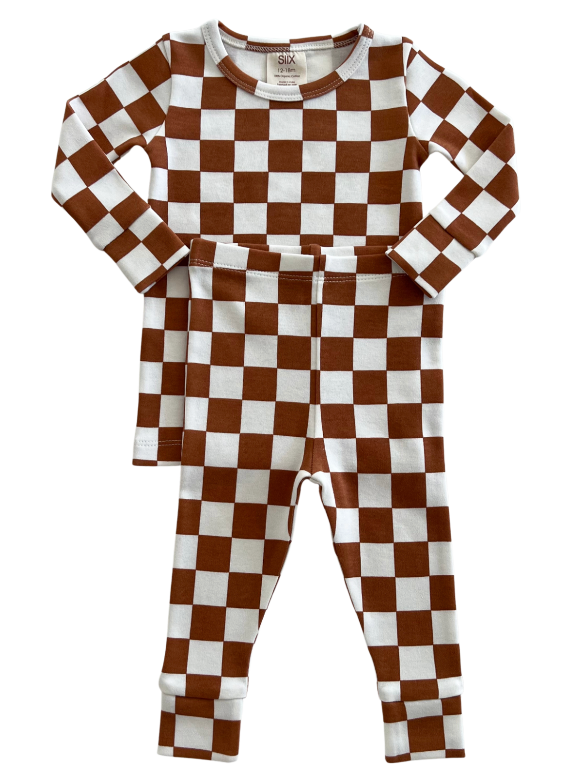 Brown and white checkered pajamas set for infants, featuring a long-sleeve top and matching pants.