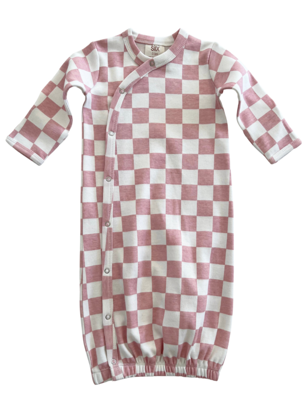 Pink and white checkered infant sleep sack with button closure and long sleeves.
