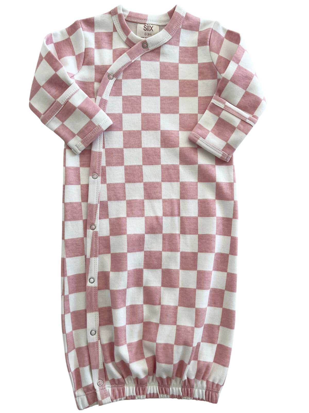 Pink and white checked baby sleep sack with long sleeves and snap buttons. Soft cotton material for comfort.