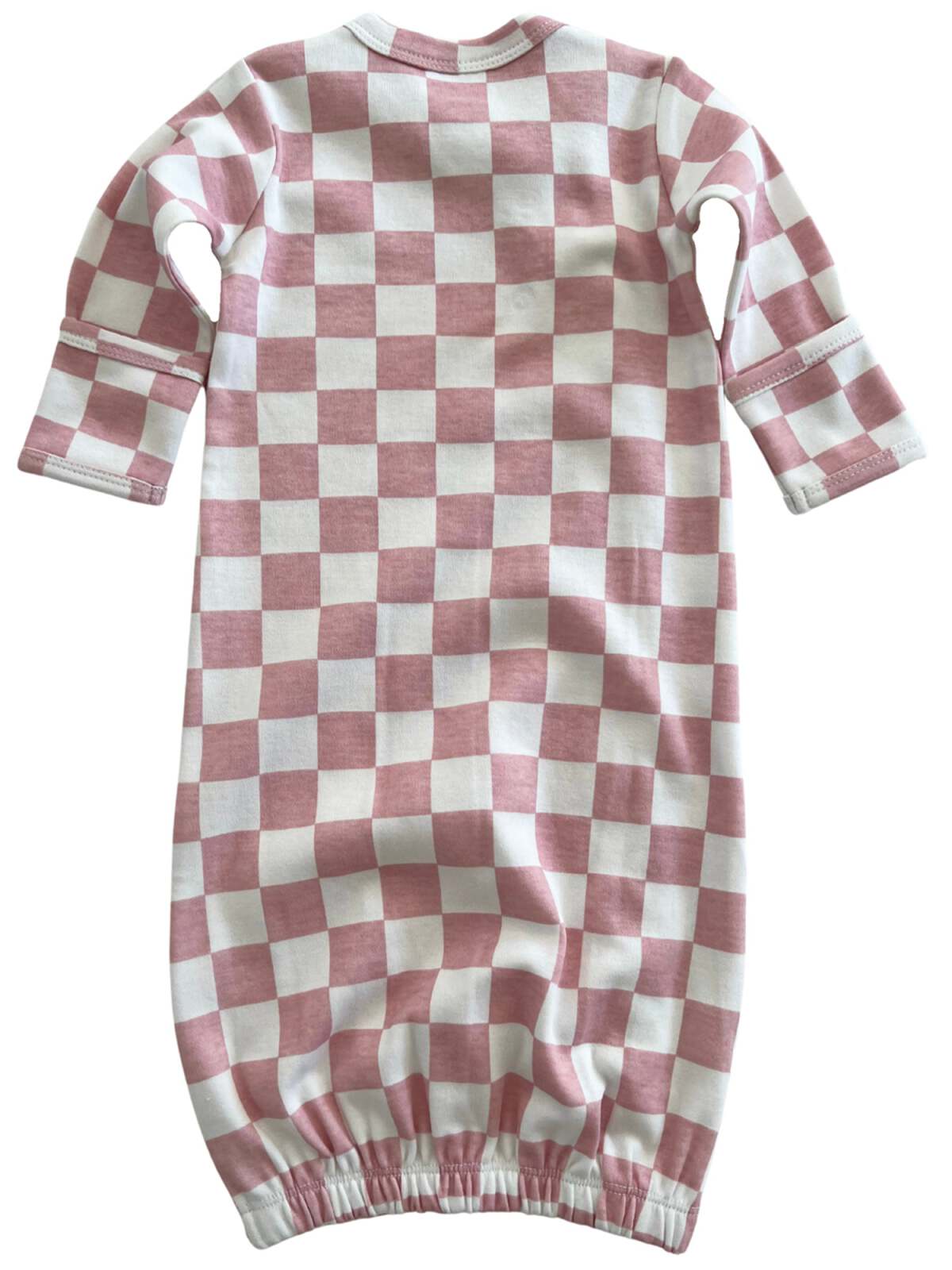 Pink and white checked baby gown with long sleeves and gathered bottom.
