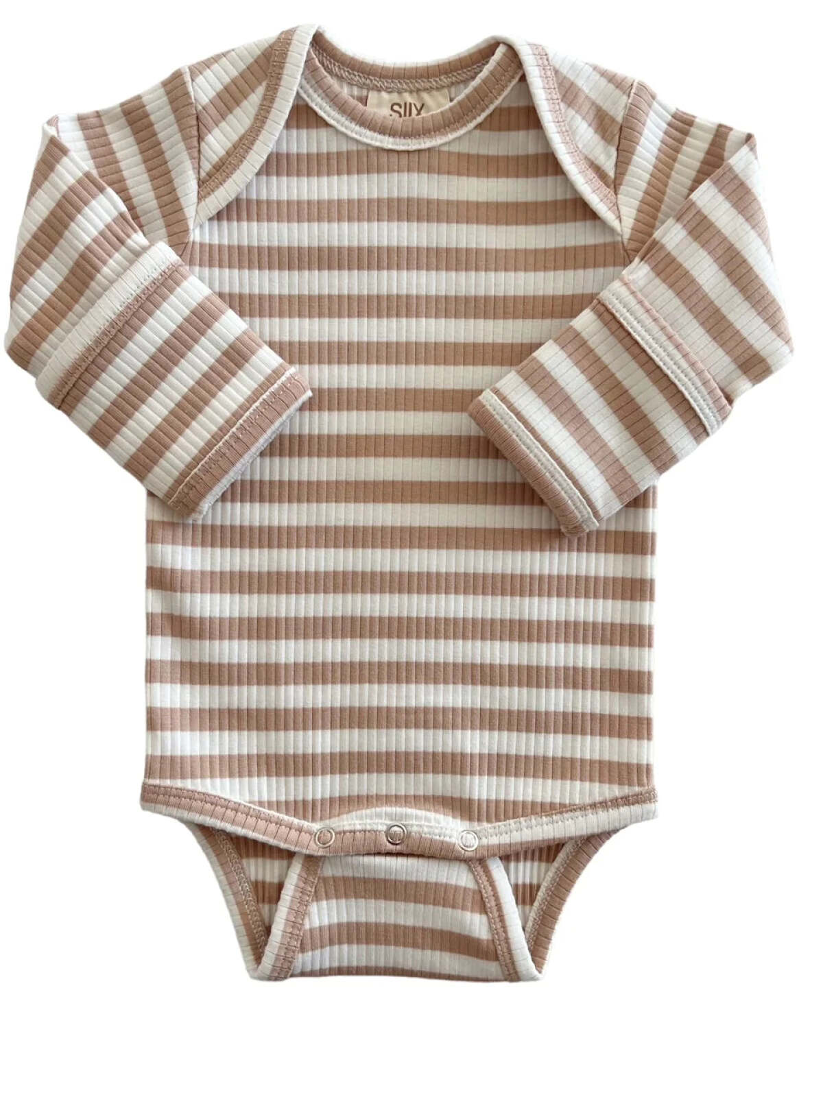 Striped baby onesie in soft peach and cream colors, featuring long sleeves and snap closures at the bottom.