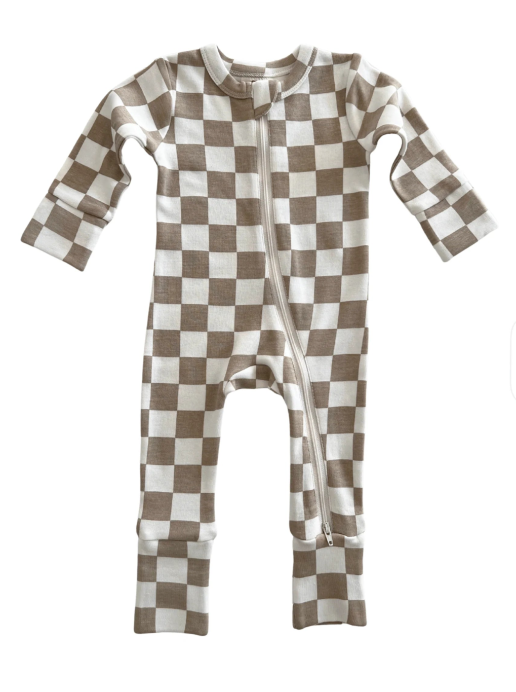 Brown and white checked infant sleeper with long sleeves and a front zipper closure.