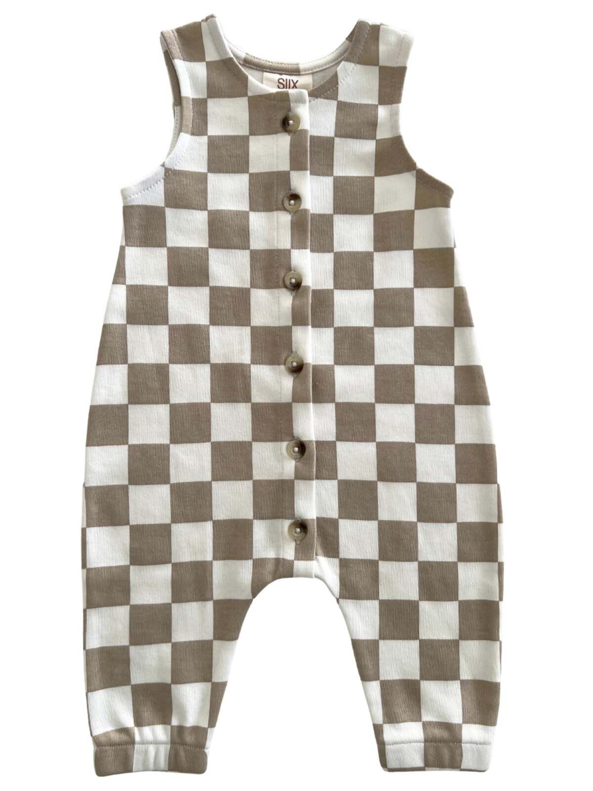 Beige and white checkered infant romper with buttons down the front. Perfect for stylish baby outfits.