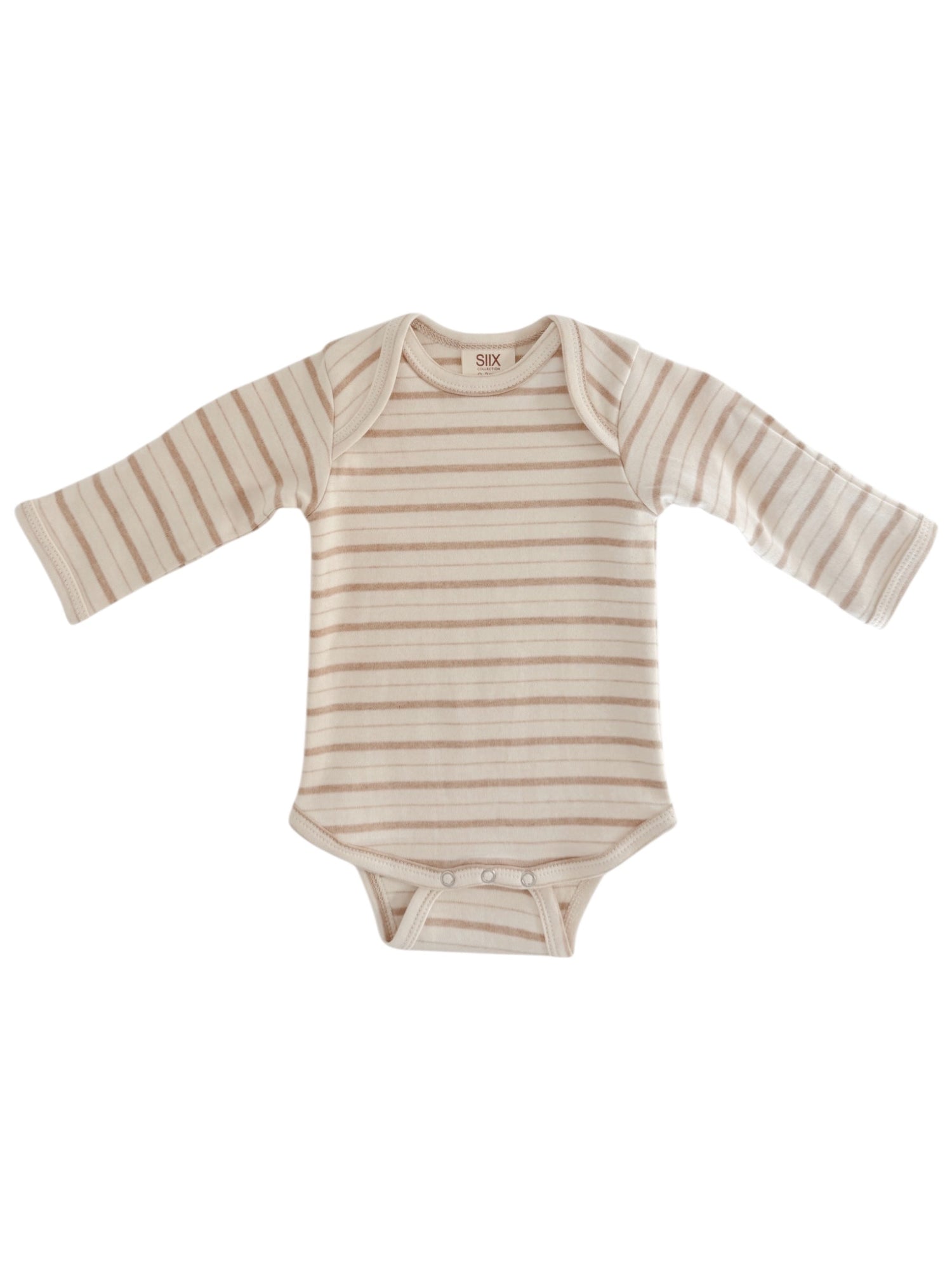 Striped long-sleeve baby bodysuit in soft beige tones, suitable for infants.