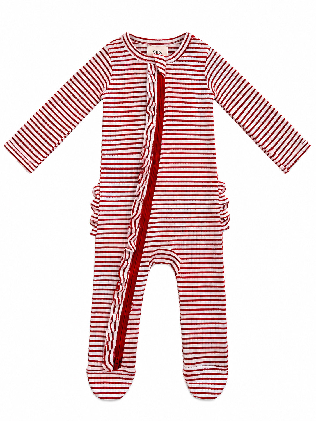 Red Stripe / Ribbed Frill 2-Way Zip Footie
