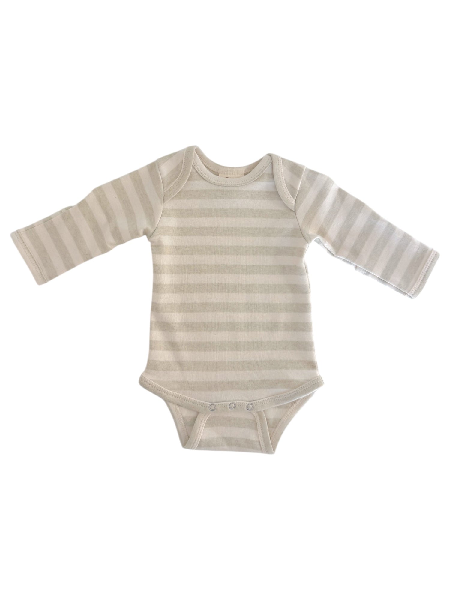 Light gray and white striped long-sleeve baby bodysuit with snap closures at the bottom.